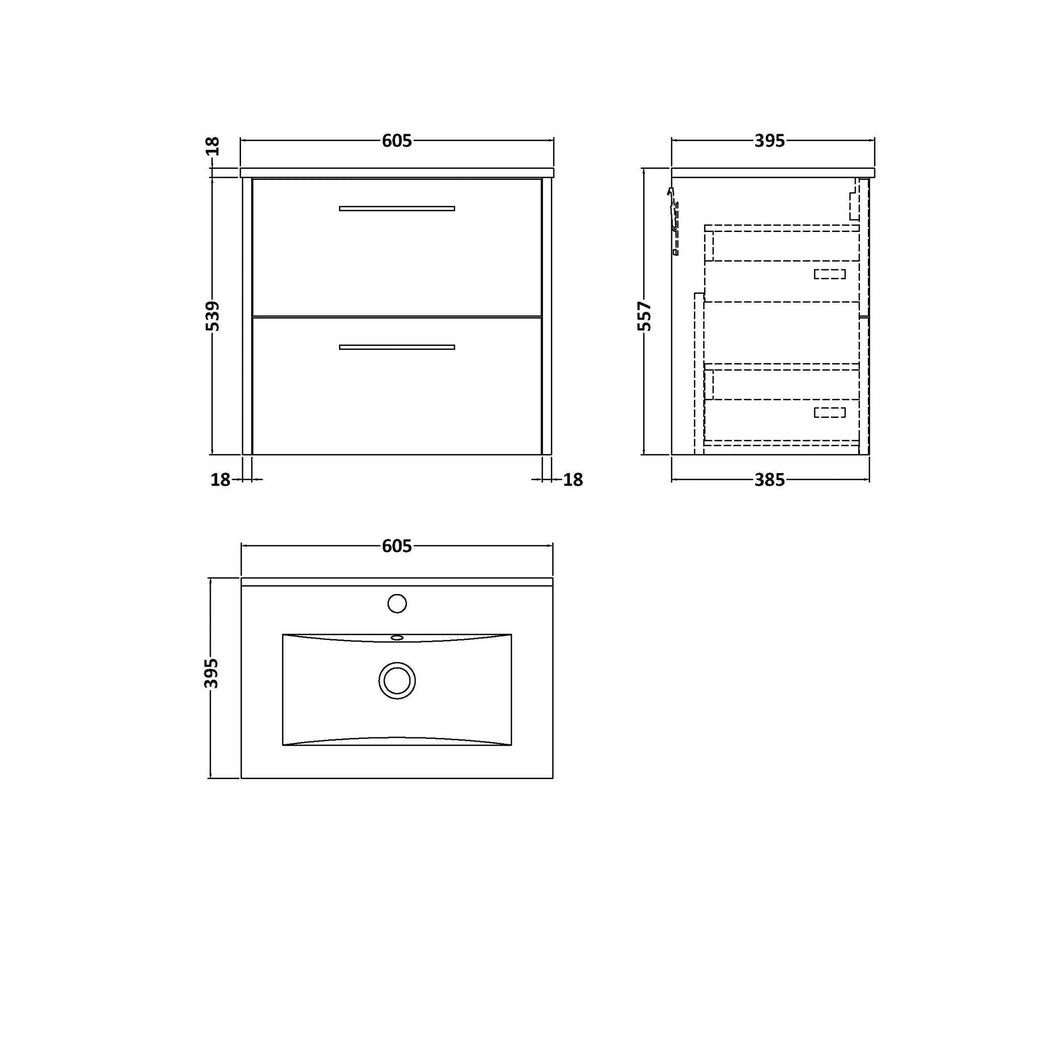 Hudson Reed Juno 600mm Wall Hung 2 Drawer Vanity & Basin 2 Contemp Metallic Slate MFC Textured Matt 557x600x390mm - JJ Building Materials