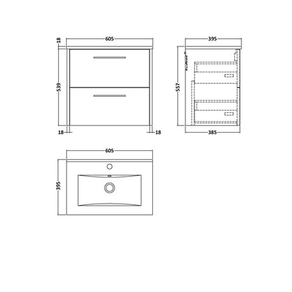 Hudson Reed Juno 600mm Wall Hung 2 Drawer Vanity & Basin 2 Contemp Metallic Slate MFC Textured Matt 557x600x390mm - JJ Building Materials