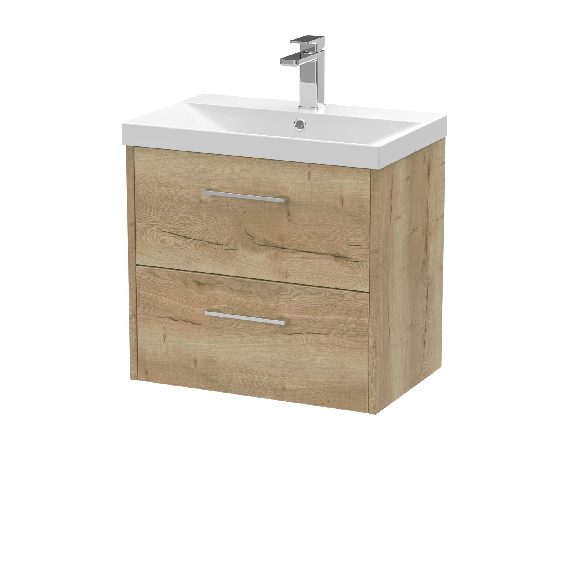 Hudson Reed Juno 600mm Wall Hung 2 Drawer Vanity & Basin 3 Contemp Autumn Oak MFC Textured Woodgrain 589x600x395mm - JJ Building Materials