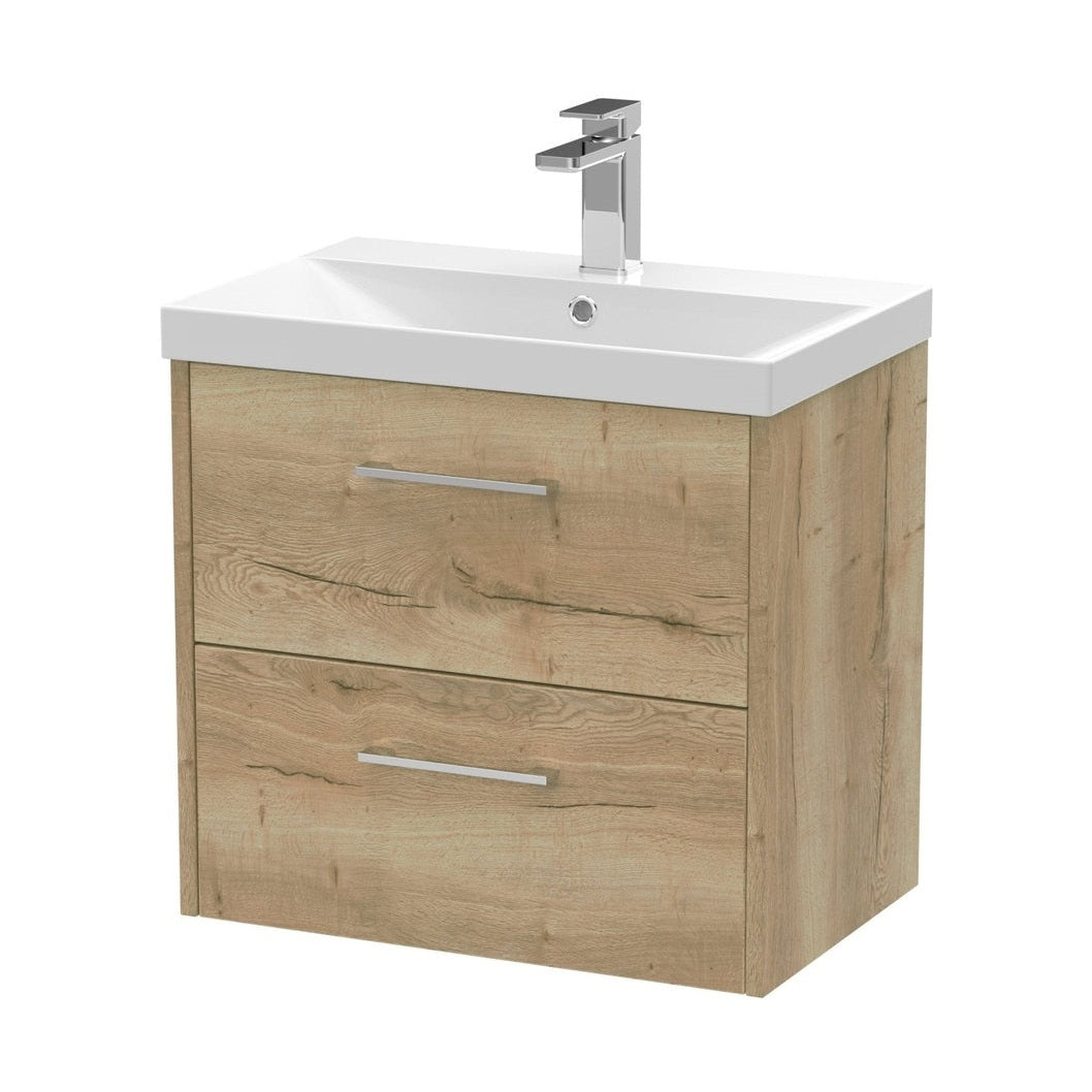 Hudson Reed Juno 600mm Wall Hung 2 Drawer Vanity & Basin 3 Contemp Autumn Oak MFC Textured Woodgrain 589x600x395mm - JJ Building Materials