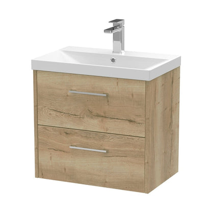 Hudson Reed Juno 600mm Wall Hung 2 Drawer Vanity & Basin 3 Contemp Autumn Oak MFC Textured Woodgrain 589x600x395mm - JJ Building Materials