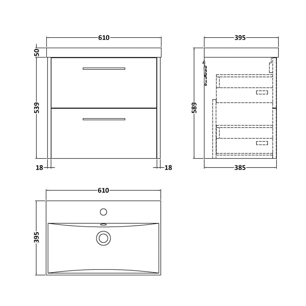 Hudson Reed Juno 600mm Wall Hung 2 Drawer Vanity & Basin 3 Contemp Metallic Slate MFC Textured Matt 589x610x395mm - JJ Building Materials