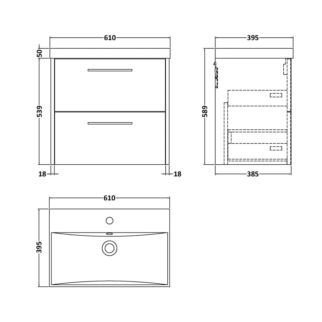 Hudson Reed Juno 600mm Wall Hung 2-drawer Vanity & Basin 3 Contemp Midnight Blue MFC Painted Matt 589x610x395mm - JJ Building Materials