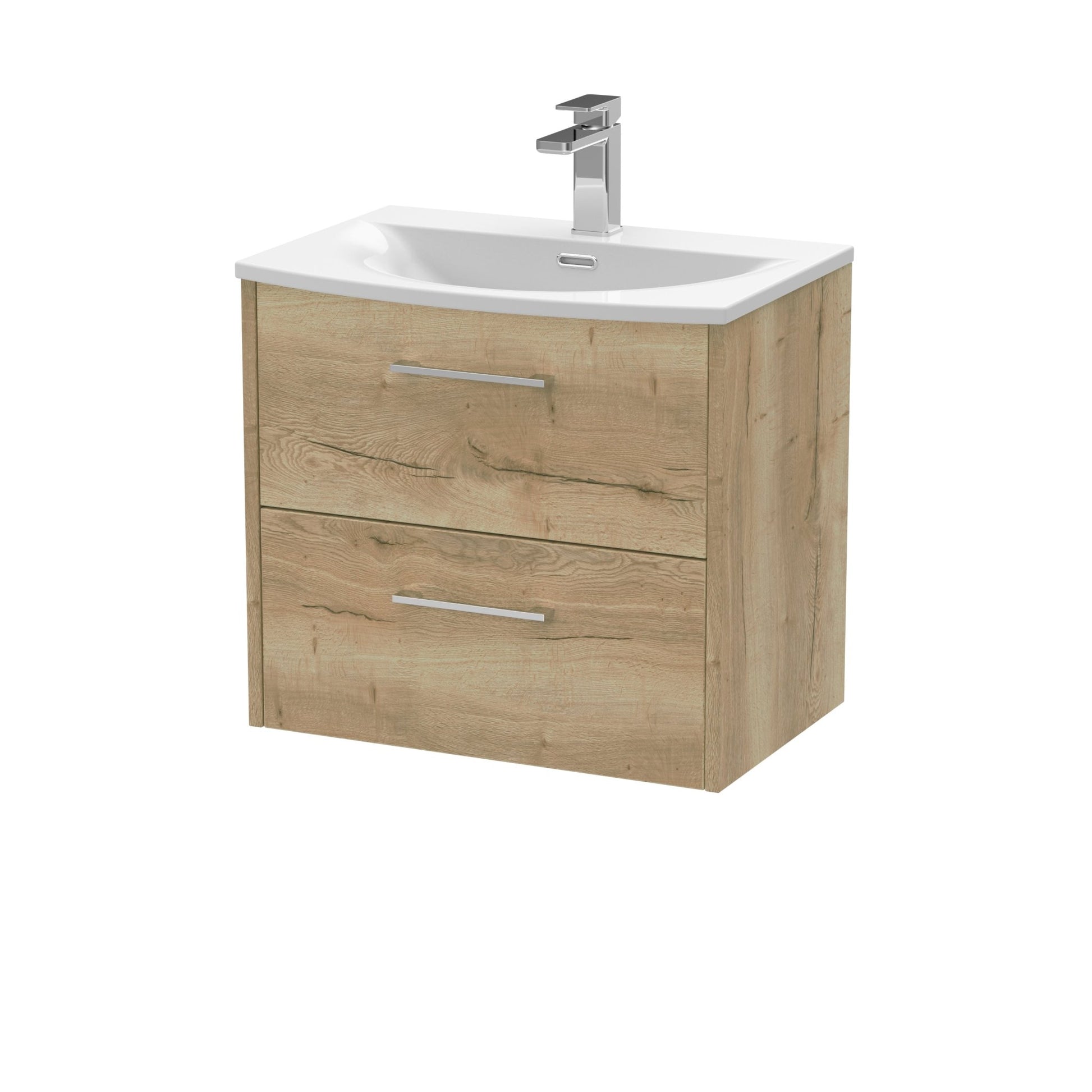 Hudson Reed Juno 600mm Wall Hung 2 Drawer Vanity & Basin 4 Contemp Autumn Oak MFC Textured Woodgrain 569x610x440mm - JJ Building Materials