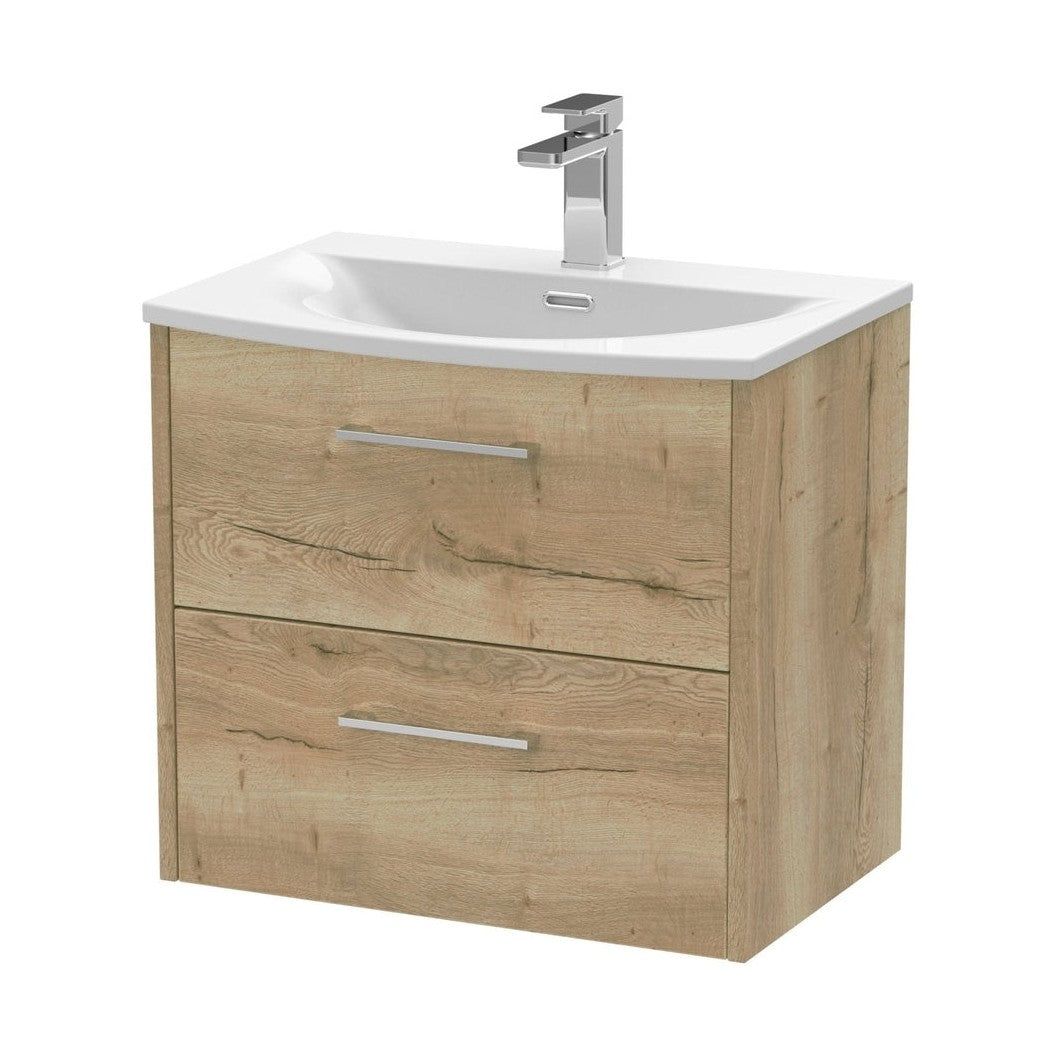 Hudson Reed Juno 600mm Wall Hung 2 Drawer Vanity & Basin 4 Contemp Autumn Oak MFC Textured Woodgrain 569x610x440mm - JJ Building Materials
