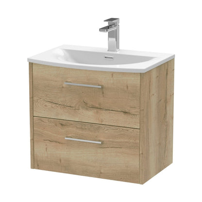 Hudson Reed Juno 600mm Wall Hung 2 Drawer Vanity & Basin 4 Contemp Autumn Oak MFC Textured Woodgrain 569x610x440mm - JJ Building Materials