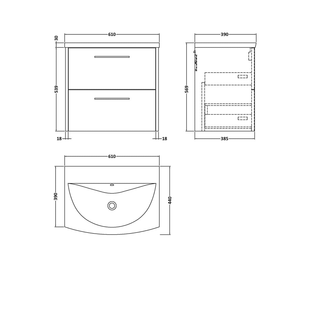 Hudson Reed Juno 600mm Wall Hung 2 Drawer Vanity & Basin 4 Contemp Graphite Grey Woodgrain MFC Textured Woodgrain 569x610x440mm - JJ Building Materials