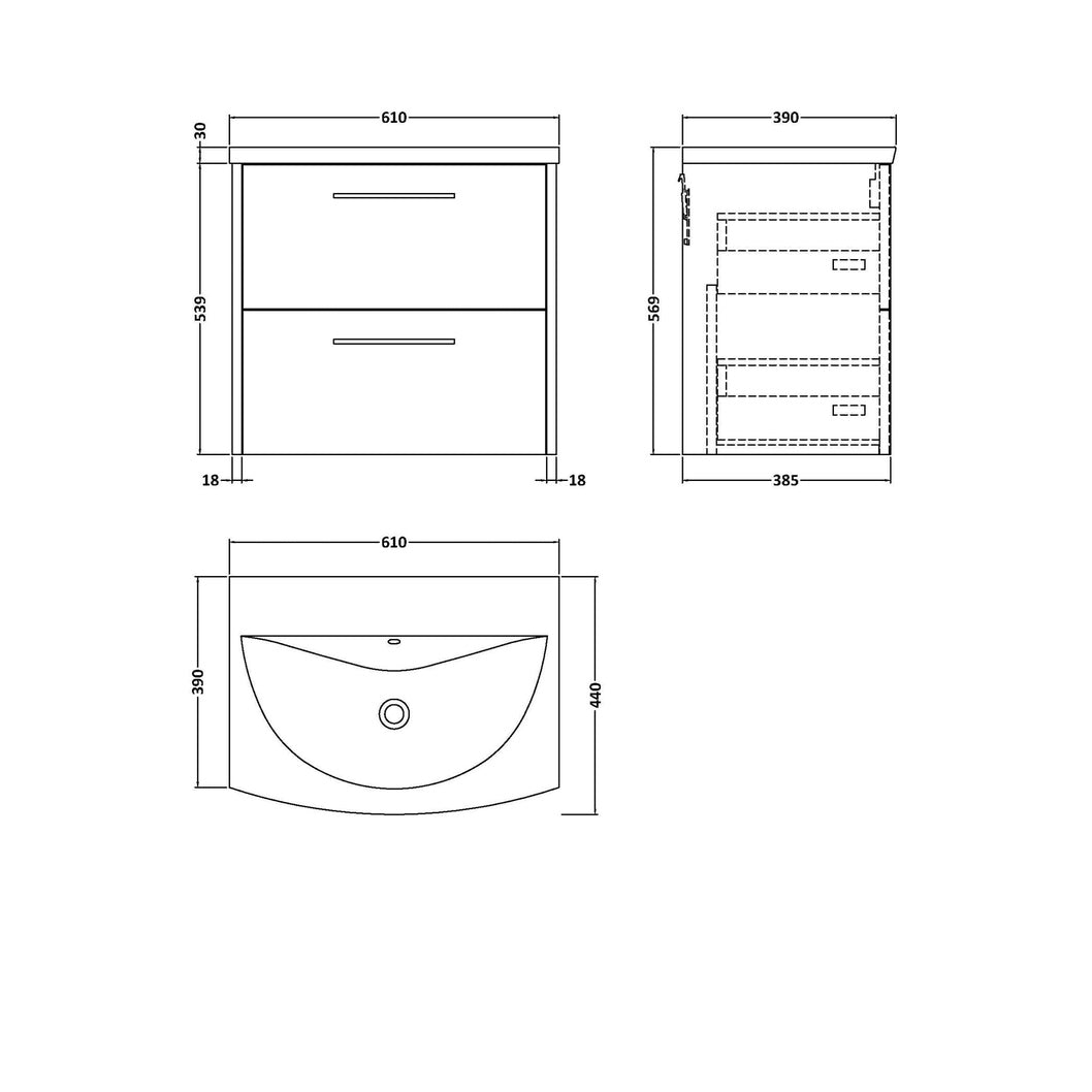 Hudson Reed Juno 600mm Wall Hung 2 Drawer Vanity & Basin 4 Contemp Metallic Slate MFC Textured Matt 569x610x440mm - JJ Building Materials