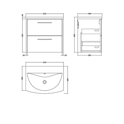 Hudson Reed Juno 600mm Wall Hung 2-drawer Vanity & Basin 4 Contemp Midnight Blue MFC Painted Matt 569x610x440mm - JJ Building Materials