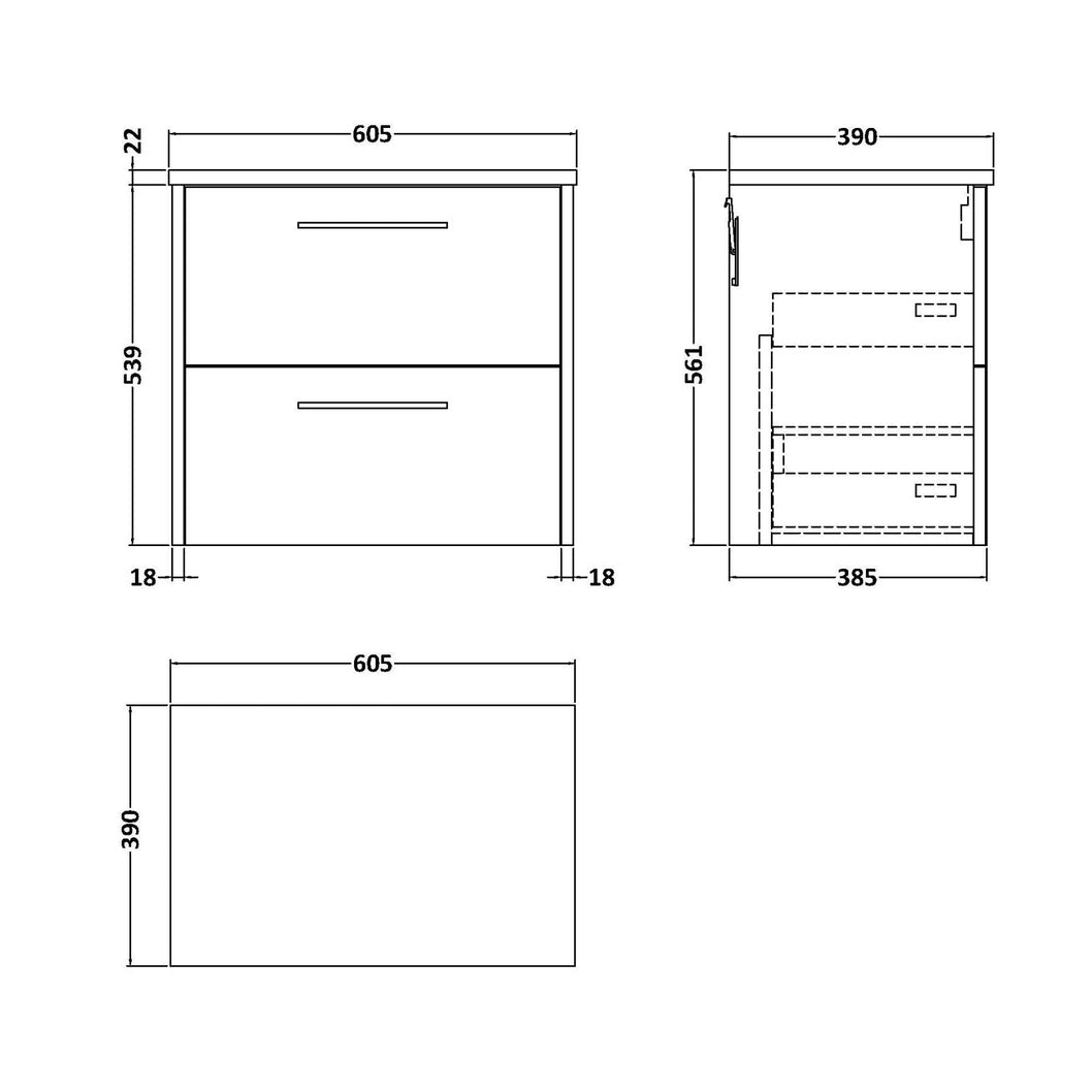 Hudson Reed Juno 600mm Wall Hung 2 Drawer Vanity & Laminate Top Contemp Graphite Grey Woodgrain MFC Textured Woodgrain 561x605x390mm - JNU2224LBG - JJ Building Materials