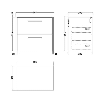 Hudson Reed Juno 600mm Wall Hung 2 Drawer Vanity & Laminate Top Contemp Graphite Grey Woodgrain MFC Textured Woodgrain 561x605x390mm - JNU2224LBG - JJ Building Materials