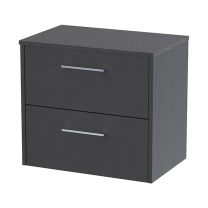 Hudson Reed Juno 600mm Wall Hung 2 Drawer Vanity & Worktop Contemp Graphite Grey Woodgrain MFC Textured Woodgrain 561x605x390mm - JJ Building Materials