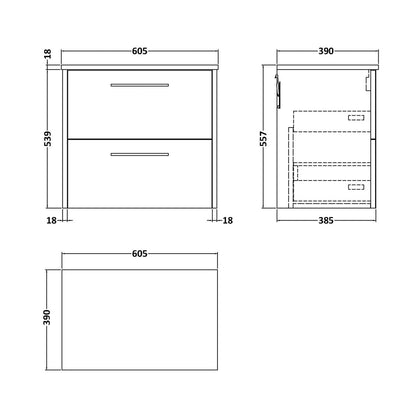Hudson Reed Juno 600mm Wall Hung 2 Drawer Vanity & Worktop Contemp Graphite Grey Woodgrain MFC Textured Woodgrain 561x605x390mm - JJ Building Materials