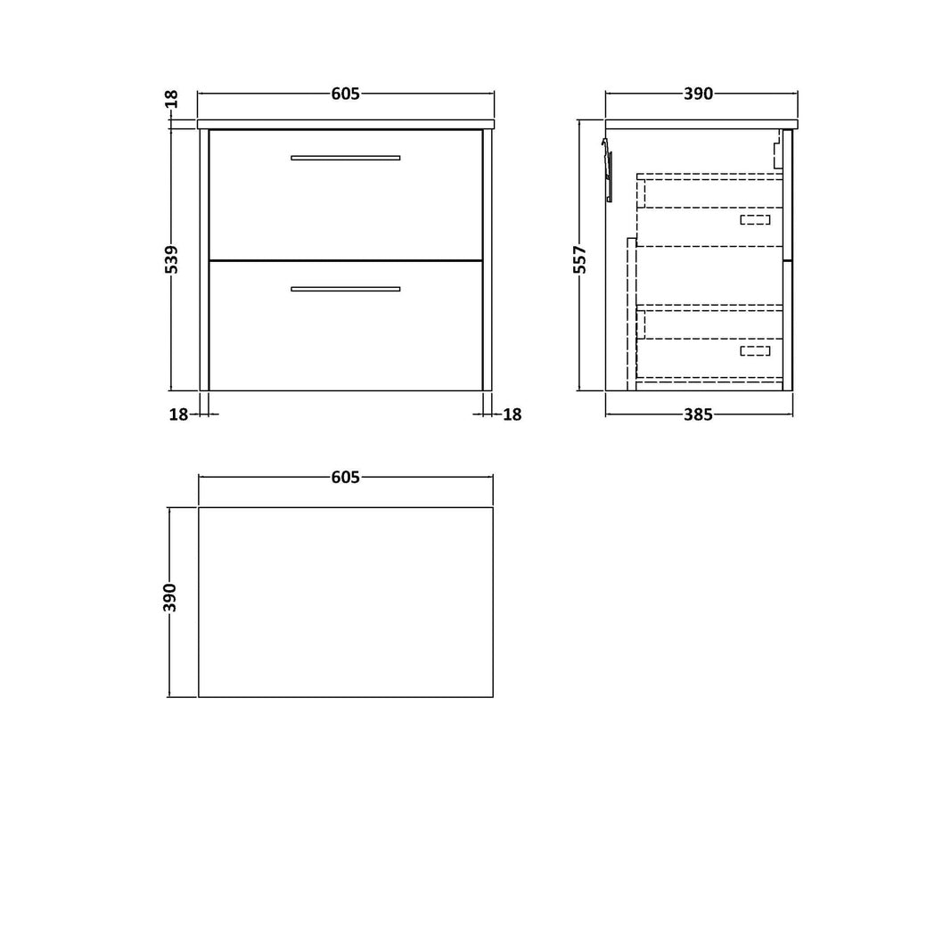 Hudson Reed Juno 600mm Wall Hung 2 Drawer Vanity & Worktop Contemp Metallic Slate MFC Textured Matt 557x605x390mm - JJ Building Materials
