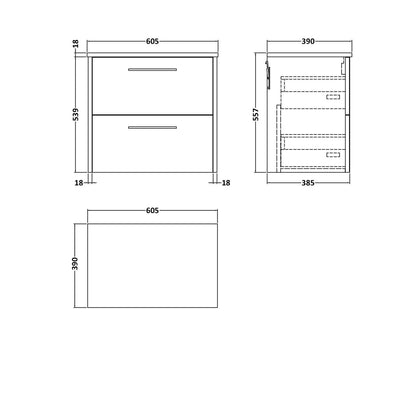 Hudson Reed Juno 600mm Wall Hung 2 Drawer Vanity & Worktop Contemp Metallic Slate MFC Textured Matt 557x605x390mm - JJ Building Materials