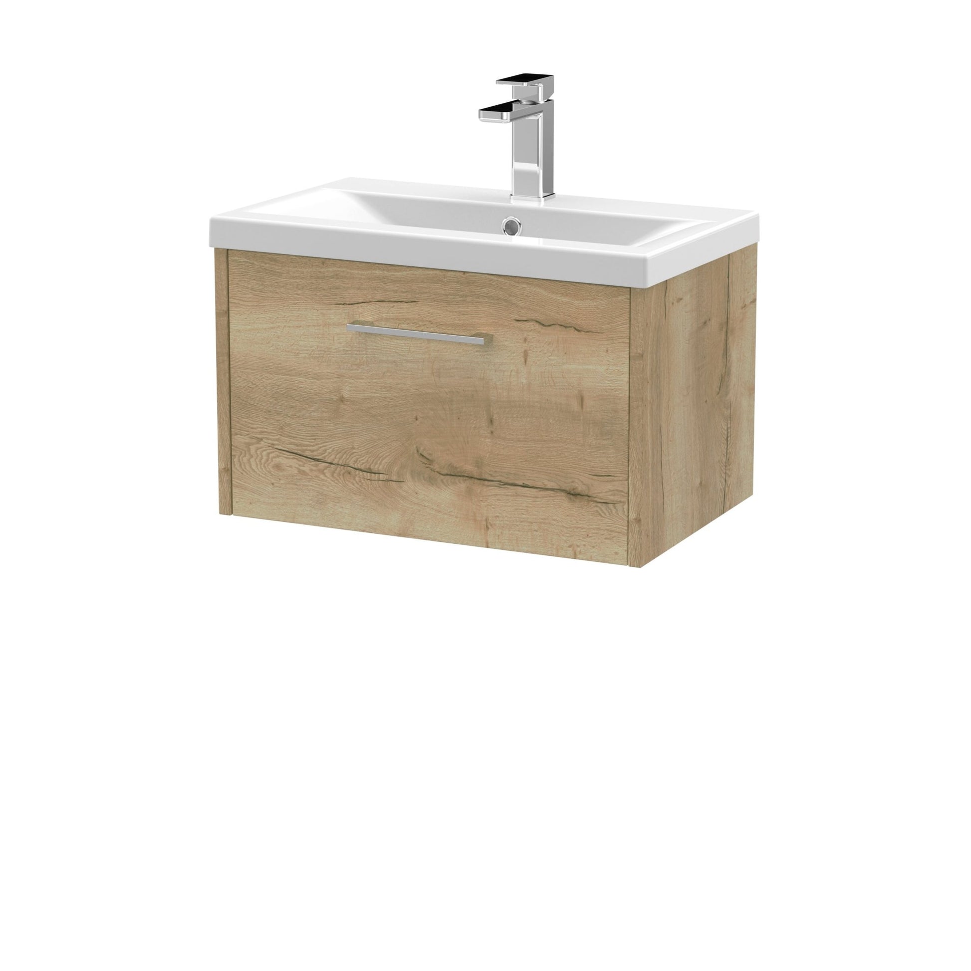 Hudson Reed Juno 600mm Wall Hung Single Drawer Vanity & Basin 1 Contemp Autumn Oak MFC Textured Woodgrain 399x600x390mm - JJ Building Materials