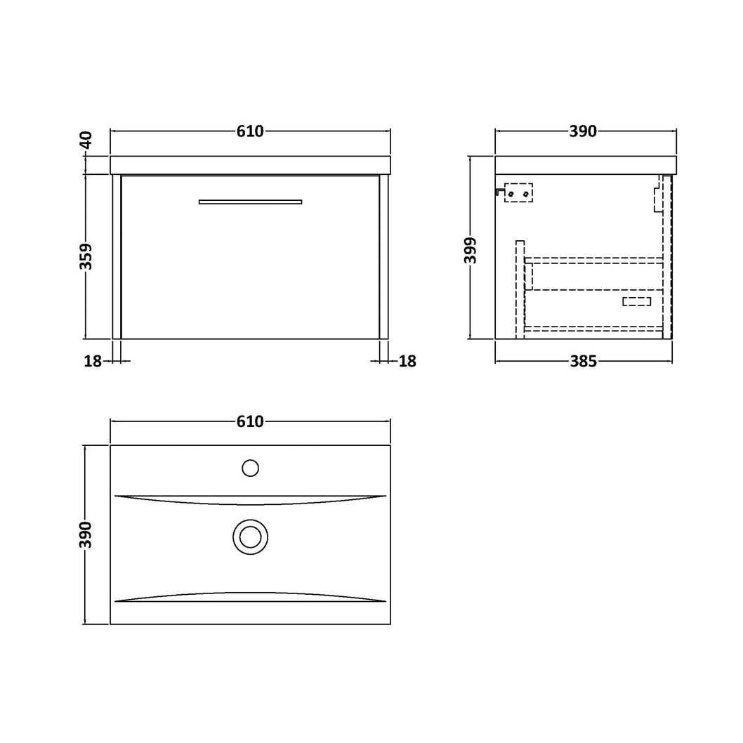 Hudson Reed Juno 600mm Wall Hung Single Drawer Vanity & Basin 1 Contemp Autumn Oak MFC Textured Woodgrain 399x600x390mm - JJ Building Materials