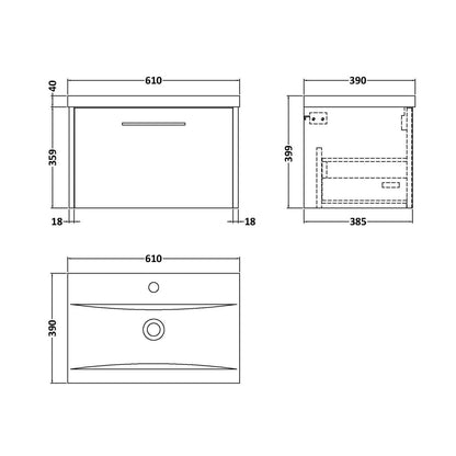 Hudson Reed Juno 600mm Wall Hung Single Drawer Vanity & Basin 1 Contemp Coastal Grey MFC Smooth Matt 399x600x390mm - JJ Building Materials