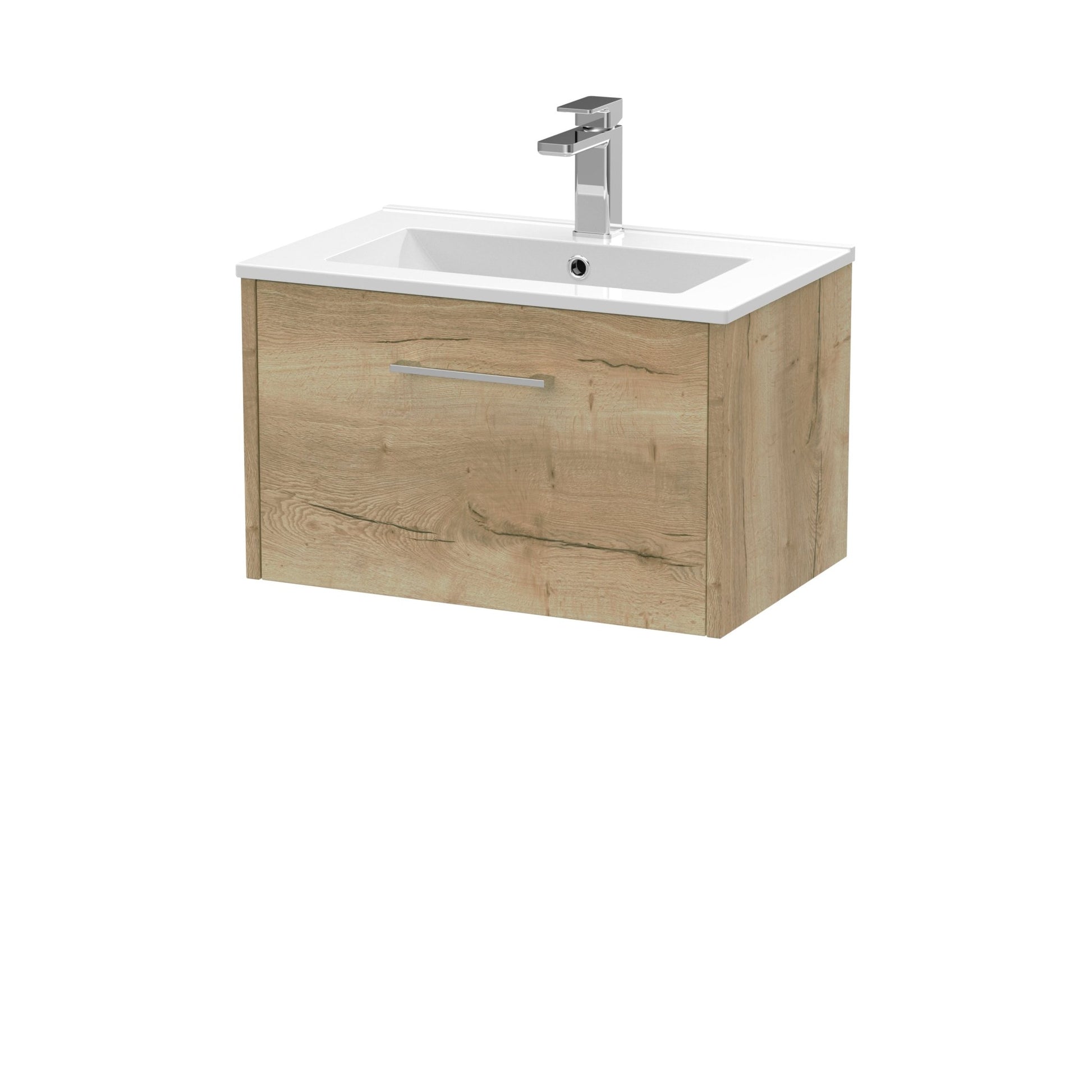 Hudson Reed Juno 600mm Wall Hung Single Drawer Vanity & Basin 2 Contemp Autumn Oak MFC Textured Woodgrain 374x600x390mm - JJ Building Materials