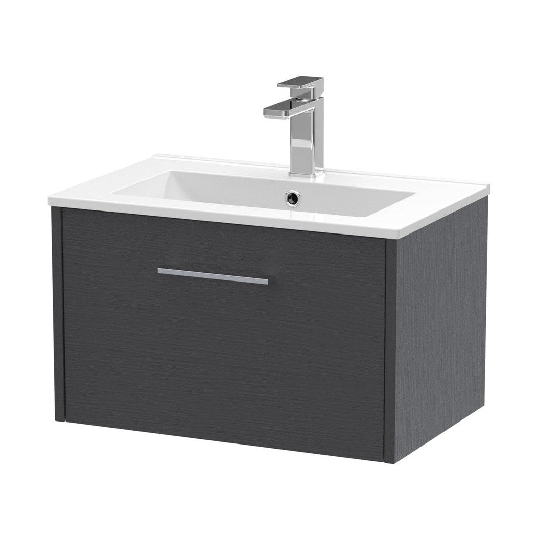 Hudson Reed Juno 600mm Wall Hung Single Drawer Vanity & Basin 2 Contemp Graphite Grey Woodgrain MFC Textured Woodgrain 374x600x390mm - JJ Building Materials
