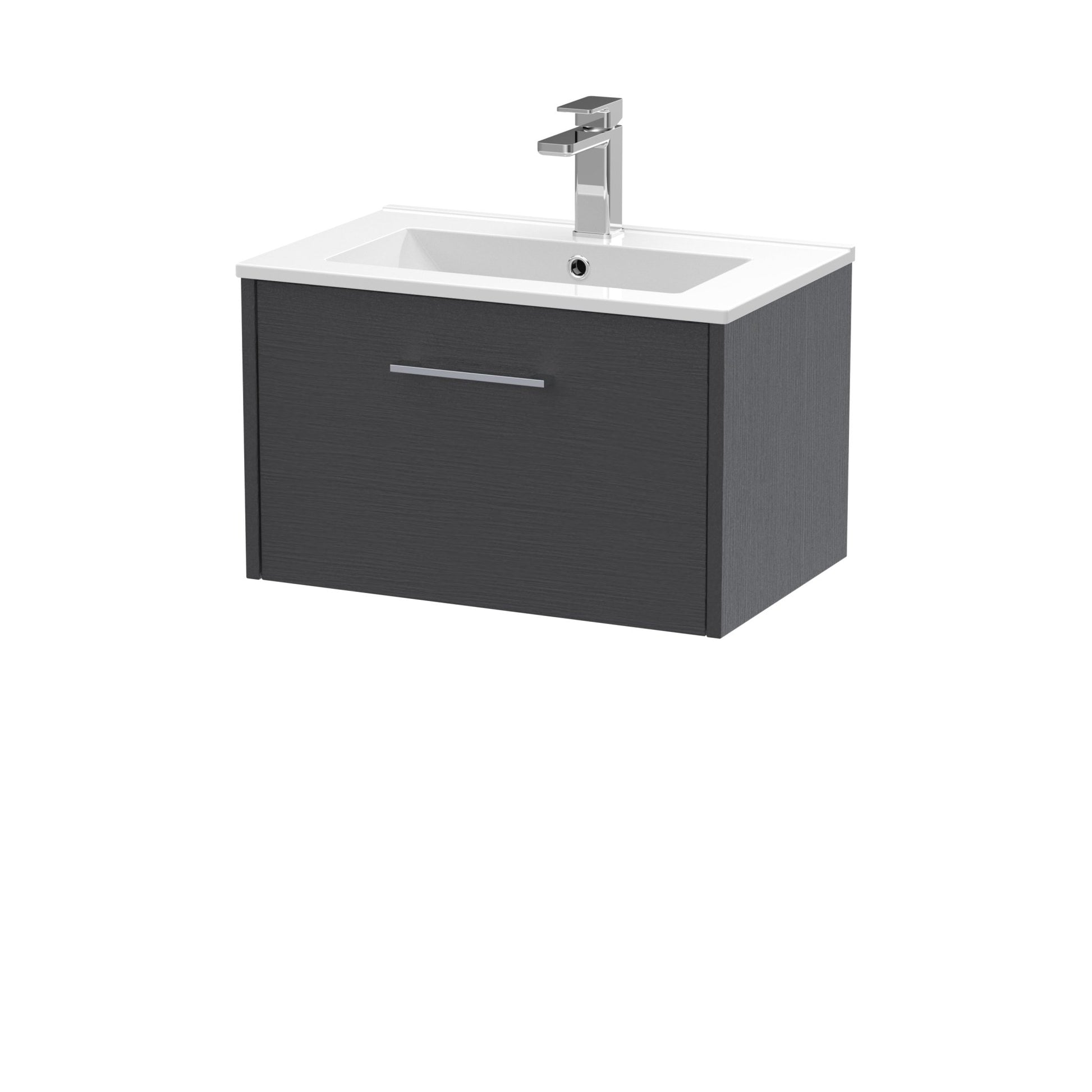 Hudson Reed Juno 600mm Wall Hung Single Drawer Vanity & Basin 2 Contemp Graphite Grey Woodgrain MFC Textured Woodgrain 374x600x390mm - JJ Building Materials
