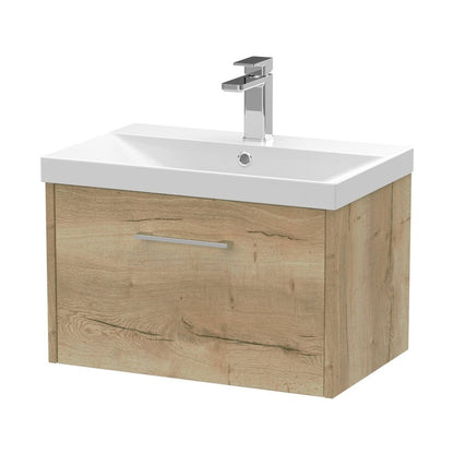 Hudson Reed Juno 600mm Wall Hung Single Drawer Vanity & Basin 3 Contemp Autumn Oak MFC Textured Woodgrain 409x600x395mm - JJ Building Materials