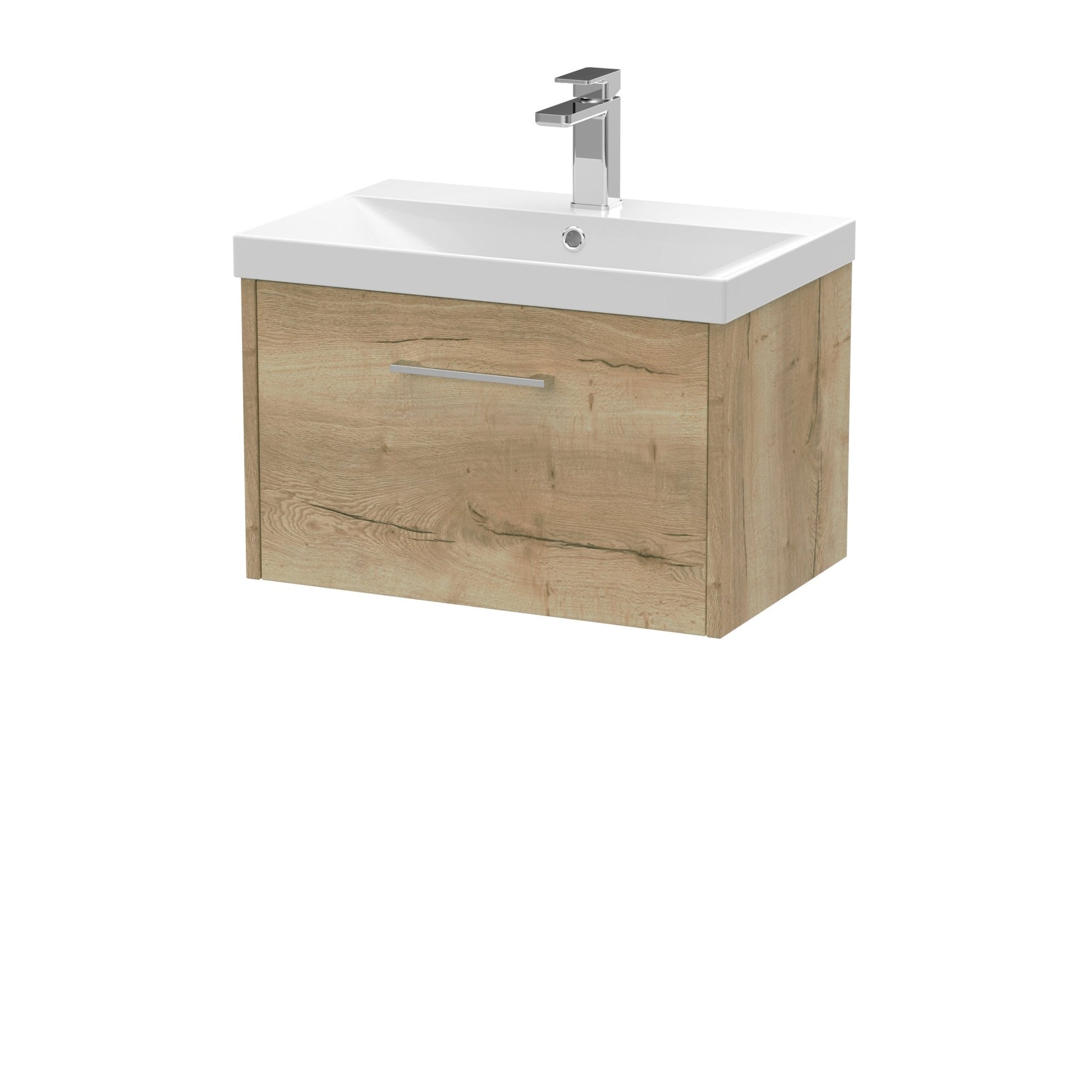 Hudson Reed Juno 600mm Wall Hung Single Drawer Vanity & Basin 3 Contemp Autumn Oak MFC Textured Woodgrain 409x600x395mm - JJ Building Materials