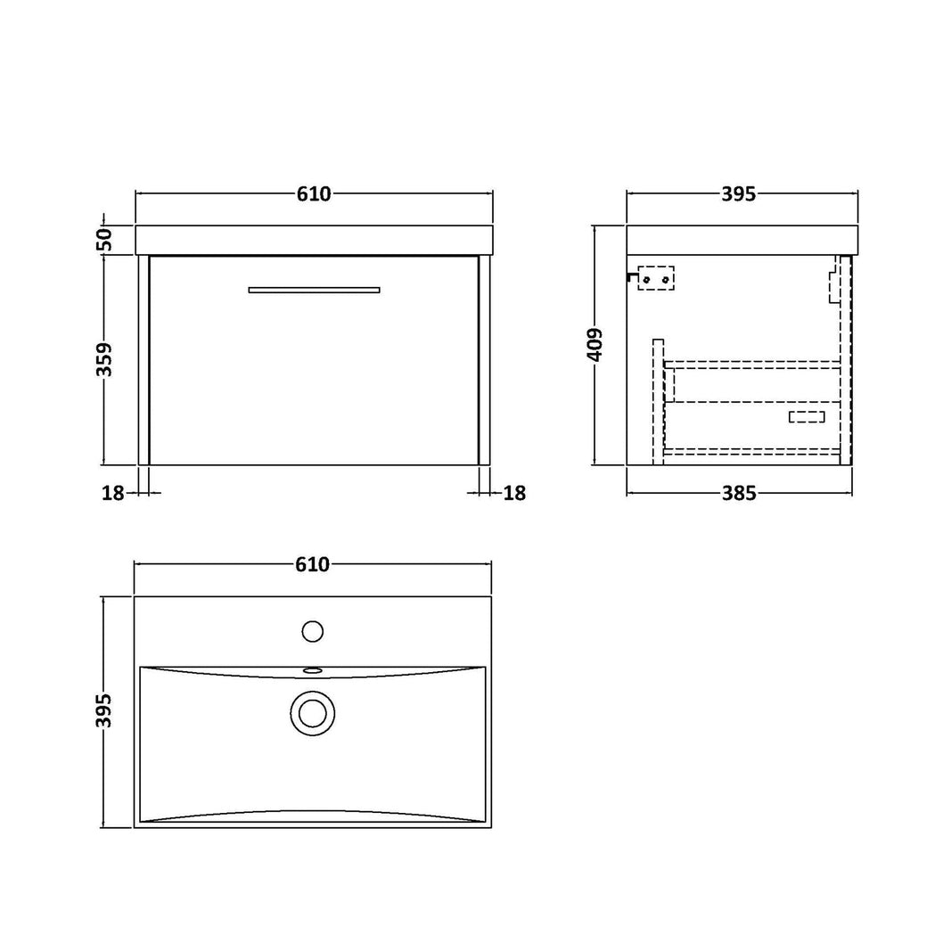 Hudson Reed Juno 600mm Wall Hung Single Drawer Vanity & Basin 3 Contemp Coastal Grey MFC Smooth Matt 409x600x395mm - JJ Building Materials
