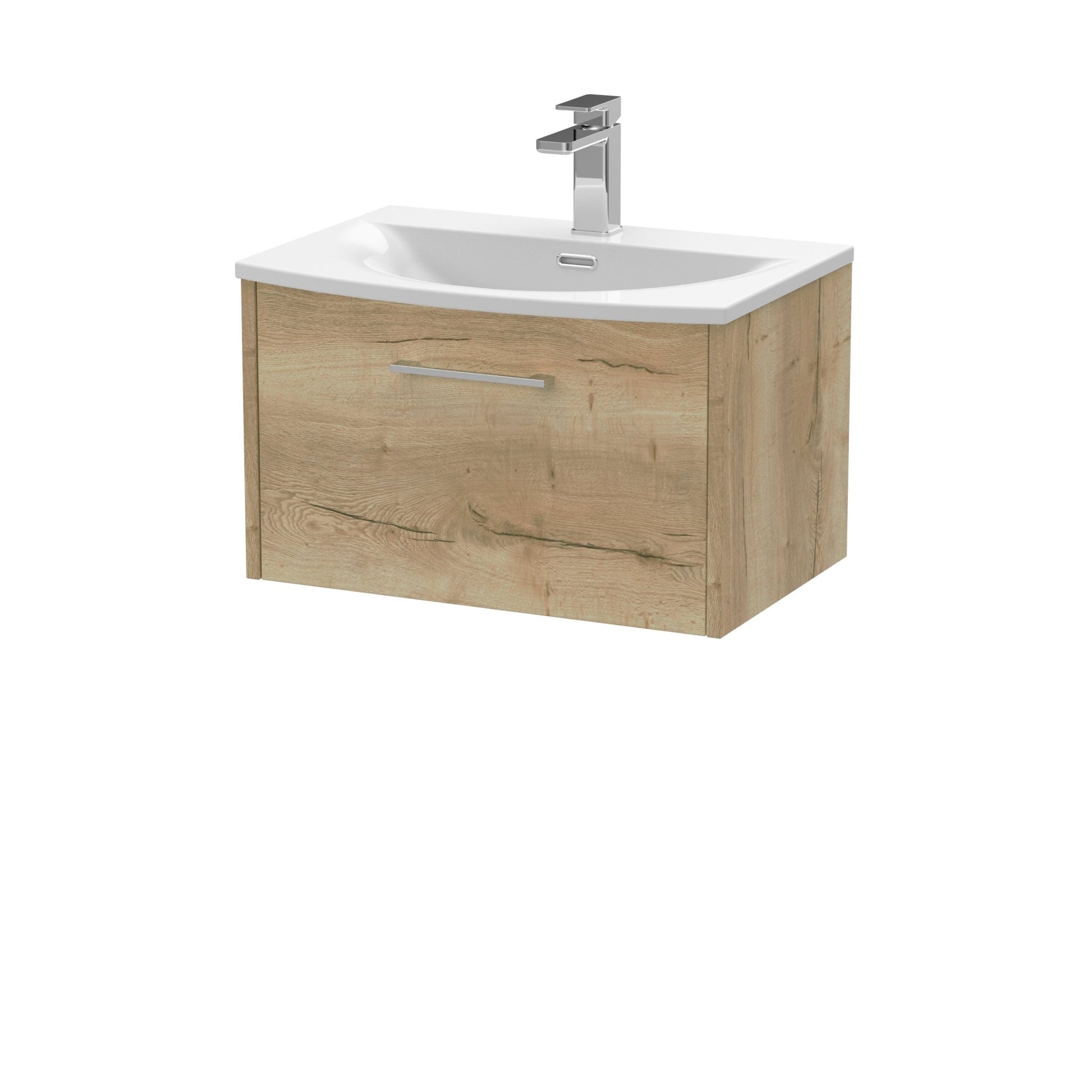Hudson Reed Juno 600mm Wall Hung Single Drawer Vanity & Basin 4 Contemp Autumn Oak MFC Textured Woodgrain 389x610x440mm - JJ Building Materials