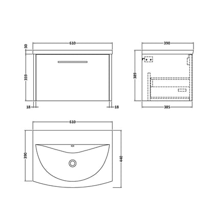 Hudson Reed Juno 600mm Wall Hung Single Drawer Vanity & Basin 4 Contemp Midnight Blue MFC Painted Matt 389x610x440mm - JJ Building Materials