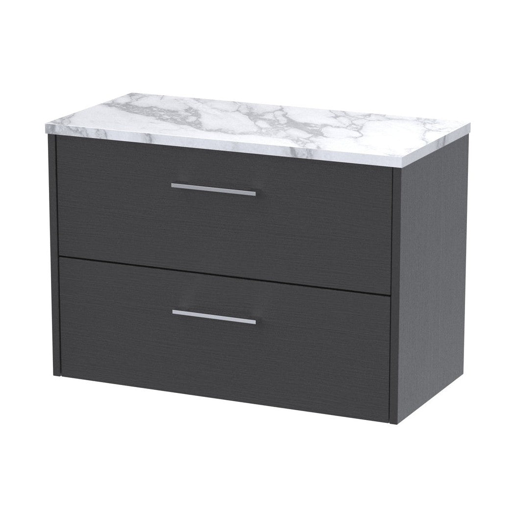 Hudson Reed Juno 800 Wall Hung 2-drawer Vanity & Laminate Worktop Contemp Graphite Grey Woodgrain MFC Textured Woodgrain 561x805x390mm - JJ Building Materials