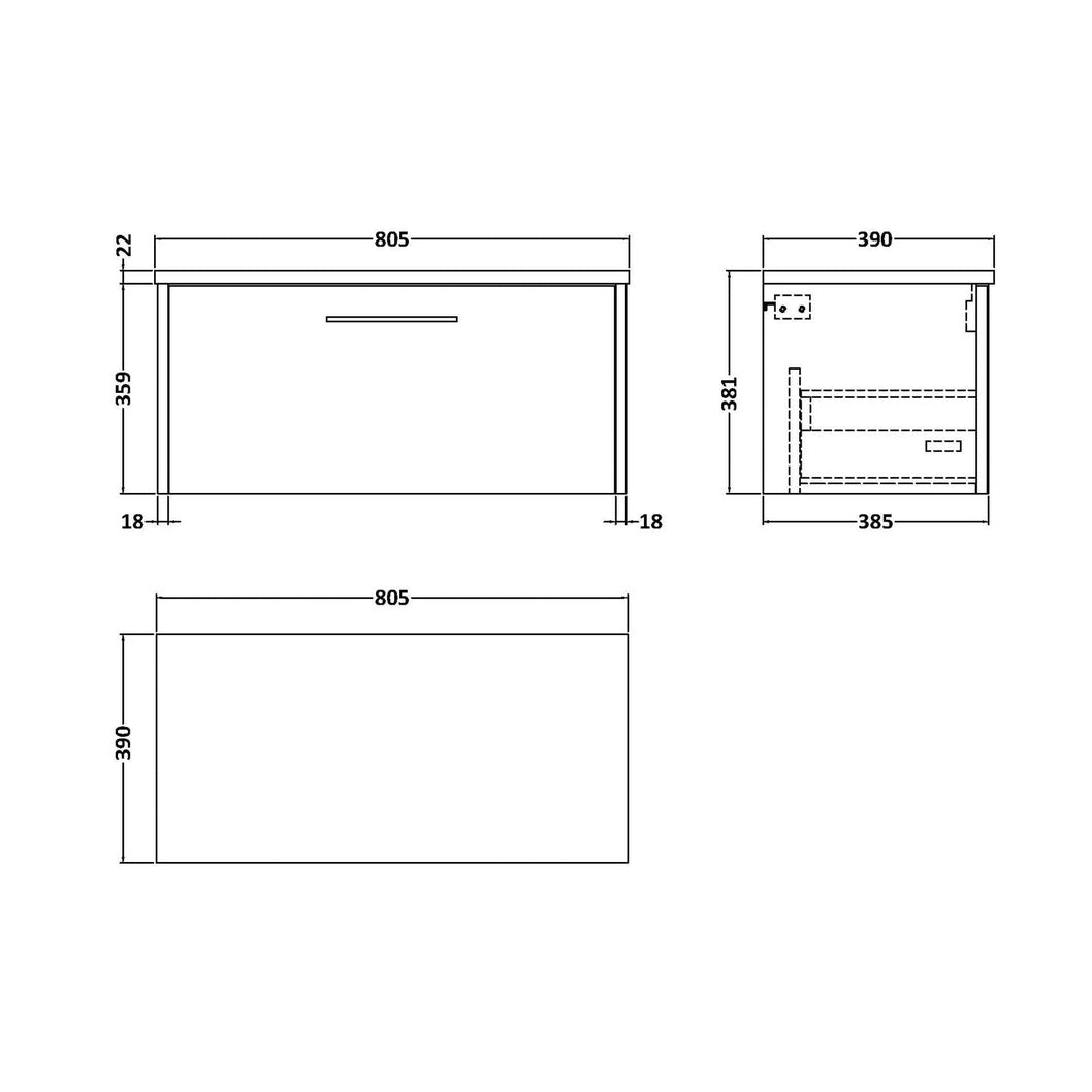 Hudson Reed Juno 800 Wall Hung Single Drawer Vanity & Laminate Worktop Contemp Autumn Oak MFC Textured Woodgrain 381x805x390mm - JJ Building Materials
