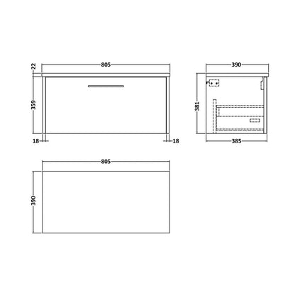 Hudson Reed Juno 800 Wall Hung Single Drawer Vanity & Laminate Worktop Contemp Autumn Oak MFC Textured Woodgrain 381x805x390mm - JJ Building Materials