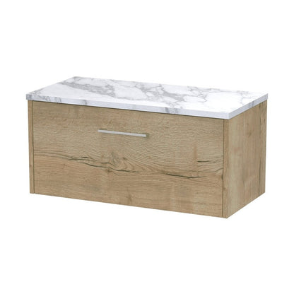 Hudson Reed Juno 800 Wall Hung Single Drawer Vanity & Laminate Worktop Contemp Autumn Oak MFC Textured Woodgrain 381x805x390mm - JJ Building Materials