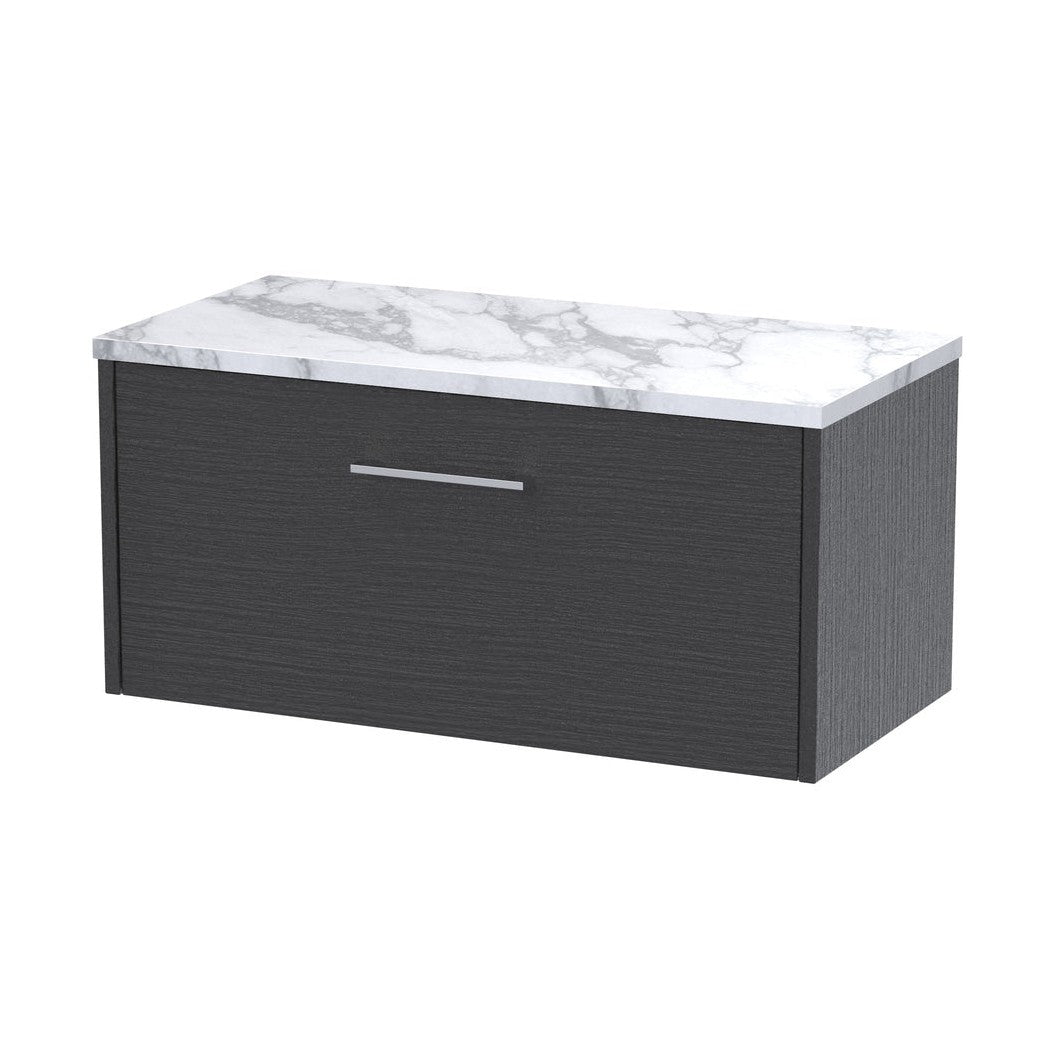Hudson Reed Juno 800 Wall Hung Single Drawer Vanity & Laminate Worktop Contemp Graphite Grey Woodgrain MFC Textured Woodgrain 381x805x390mm - JJ Building Materials