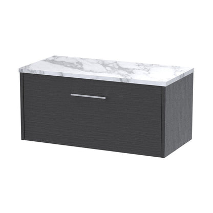 Hudson Reed Juno 800 Wall Hung Single Drawer Vanity & Laminate Worktop Contemp Graphite Grey Woodgrain MFC Textured Woodgrain 381x805x390mm - JJ Building Materials