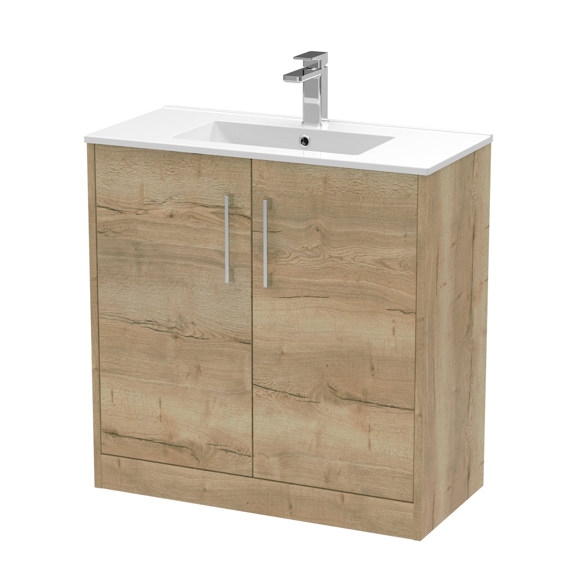 Hudson Reed Juno 800mm Floor Standing 2 Door Vanity & Basin 2 Contemp Autumn Oak MFC Textured Woodgrain 818x800x390mm - JJ Building Materials