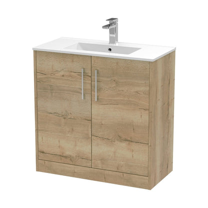 Hudson Reed Juno 800mm Floor Standing 2 Door Vanity & Basin 2 Contemp Autumn Oak MFC Textured Woodgrain 818x800x390mm - JJ Building Materials