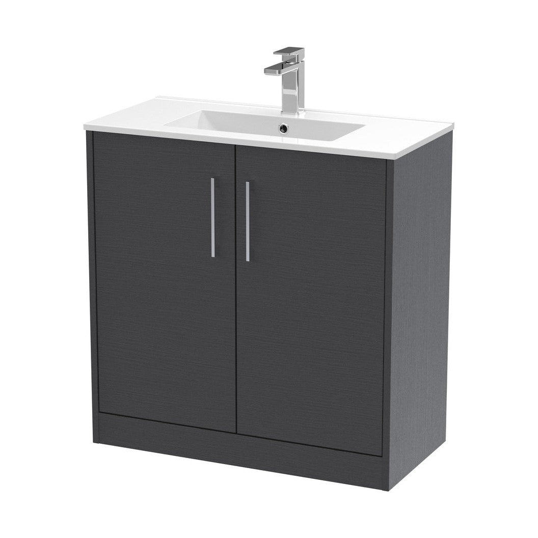 Hudson Reed Juno 800mm Floor Standing 2 Door Vanity & Basin 2 Contemp Graphite Grey Woodgrain MFC Textured Woodgrain 818x800x390mm - JJ Building Materials