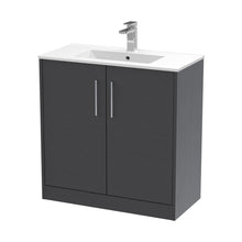 Hudson Reed Juno 800mm Floor Standing 2 Door Vanity & Basin 2 Contemp Graphite Grey Woodgrain MFC Textured Woodgrain 818x800x390mm - JJ Building Materials
