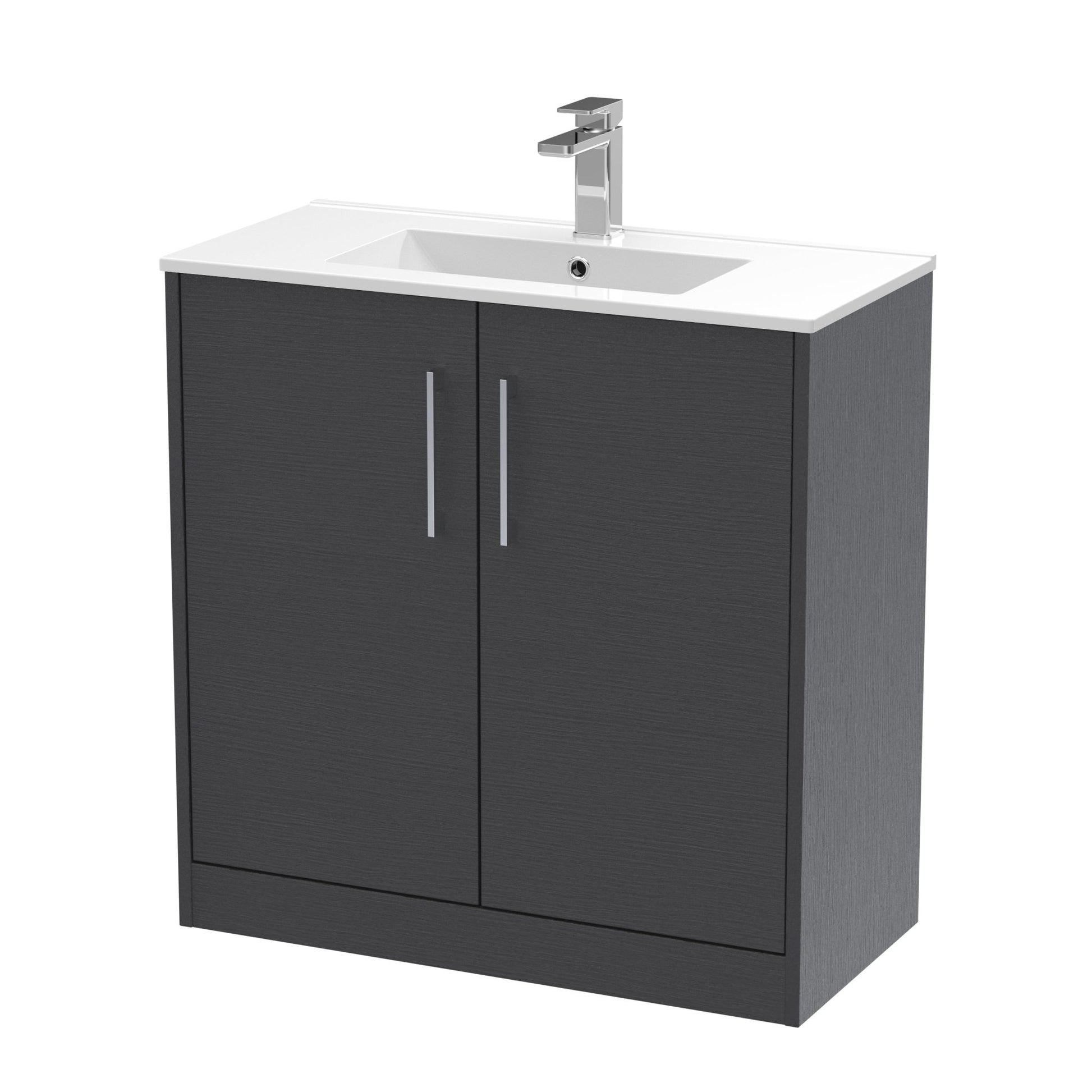 Hudson Reed Juno 800mm Floor Standing 2 Door Vanity & Basin 2 Contemp Graphite Grey Woodgrain MFC Textured Woodgrain 818x800x390mm - JJ Building Materials