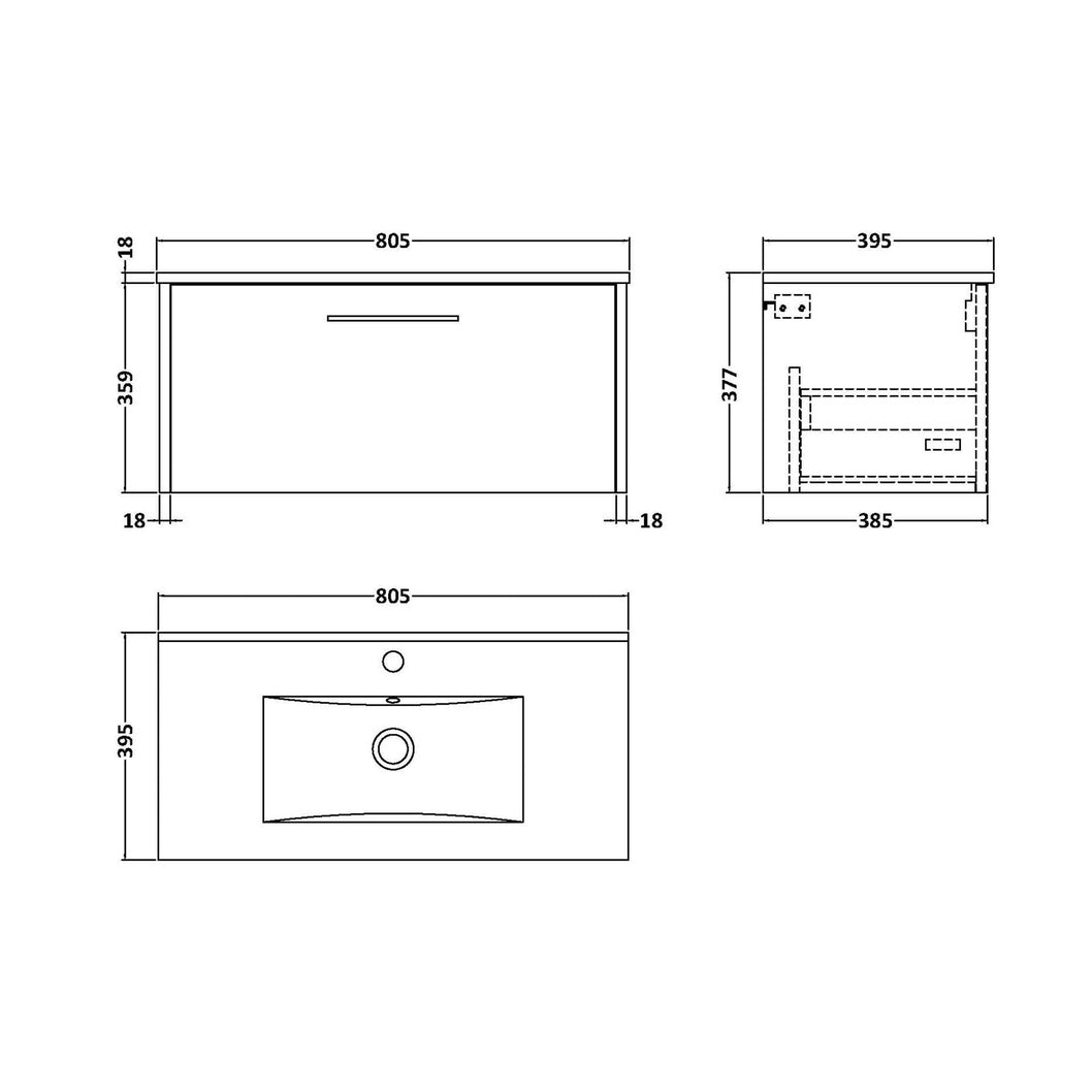 Hudson Reed Juno 800mm Wall Hung 1 Drawer Vanity & Basin 2 Contemp Metallic Slate MFC Textured Matt 374x800x390mm - JJ Building Materials