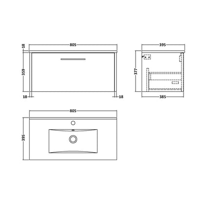 Hudson Reed Juno 800mm Wall Hung 1 Drawer Vanity & Basin 2 Contemp Metallic Slate MFC Textured Matt 374x800x390mm - JJ Building Materials