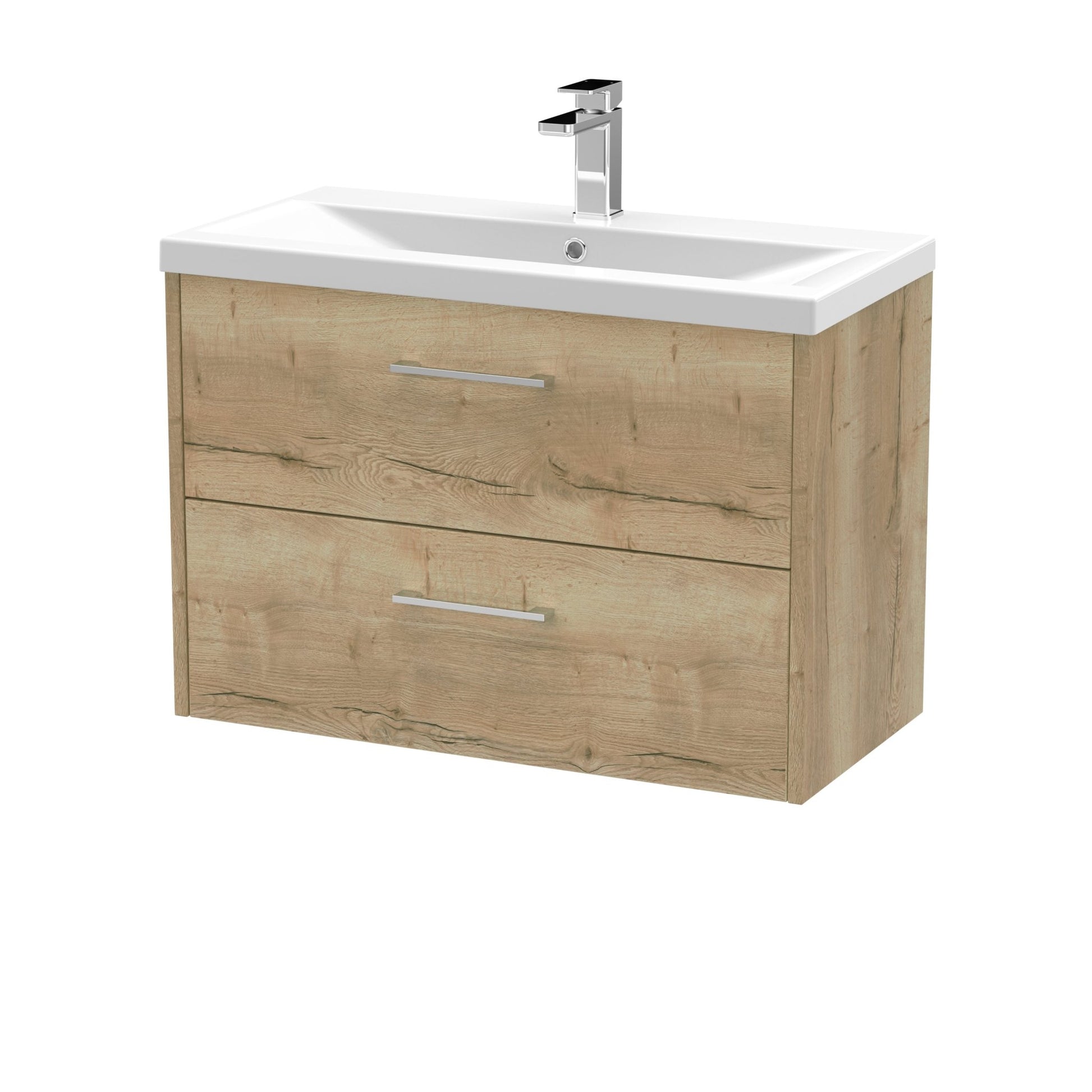 Hudson Reed Juno 800mm Wall Hung 2 Drawer Vanity & Basin 1 Contemp Autumn Oak MFC Textured Woodgrain 579x800x390mm - JJ Building Materials