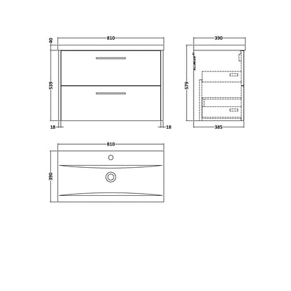 Hudson Reed Juno 800mm Wall Hung 2 Drawer Vanity & Basin 1 Contemp Coastal Grey MFC Smooth Matt 579x800x390mm - JJ Building Materials
