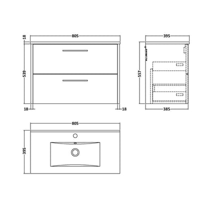 Hudson Reed Juno 800mm Wall Hung 2 Drawer Vanity & Basin 2 Contemp Coastal Grey MFC Smooth Matt 554x800x390mm - JJ Building Materials