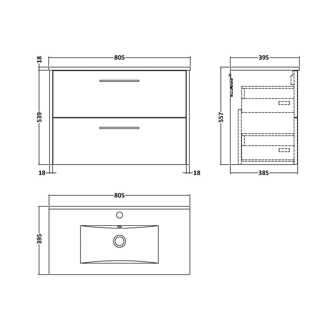 Hudson Reed Juno 800mm Wall Hung 2 Drawer Vanity & Basin 2 Contemp Metallic Slate MFC Textured Matt 554x800x390mm - JJ Building Materials