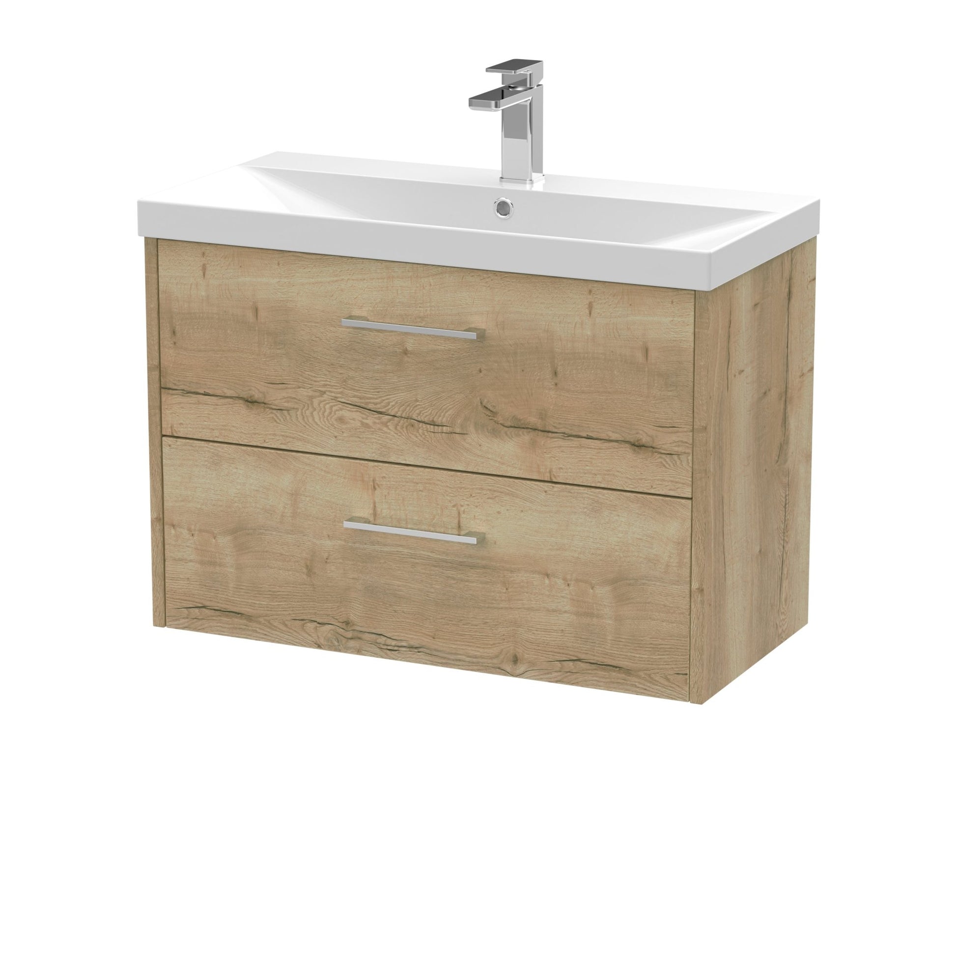 Hudson Reed Juno 800mm Wall Hung 2 Drawer Vanity & Basin 3 Contemp Autumn Oak MFC Textured Woodgrain 589x800x395mm - JJ Building Materials