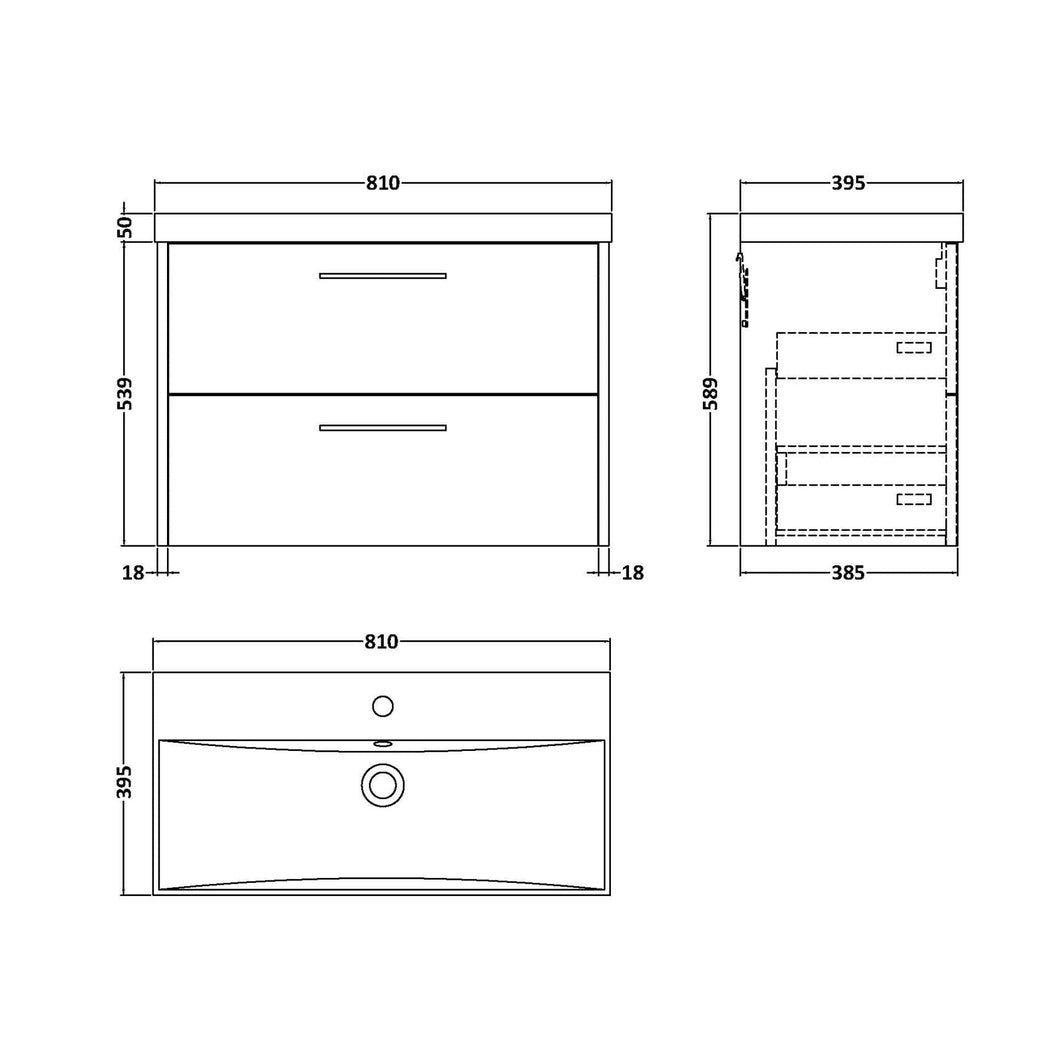 Hudson Reed Juno 800mm Wall Hung 2 Drawer Vanity & Basin 3 Contemp Coastal Grey MFC Smooth Matt 589x800x395mm - JJ Building Materials