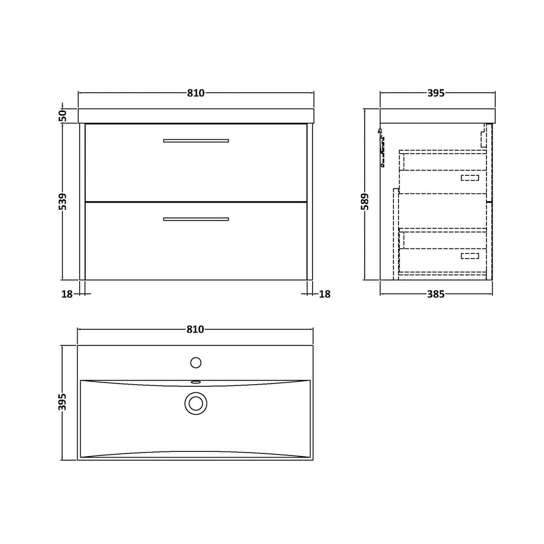 Hudson Reed Juno 800mm Wall Hung 2 Drawer Vanity & Basin 3 Contemp Metallic Slate MFC Textured Matt 589x810x395mm - JJ Building Materials